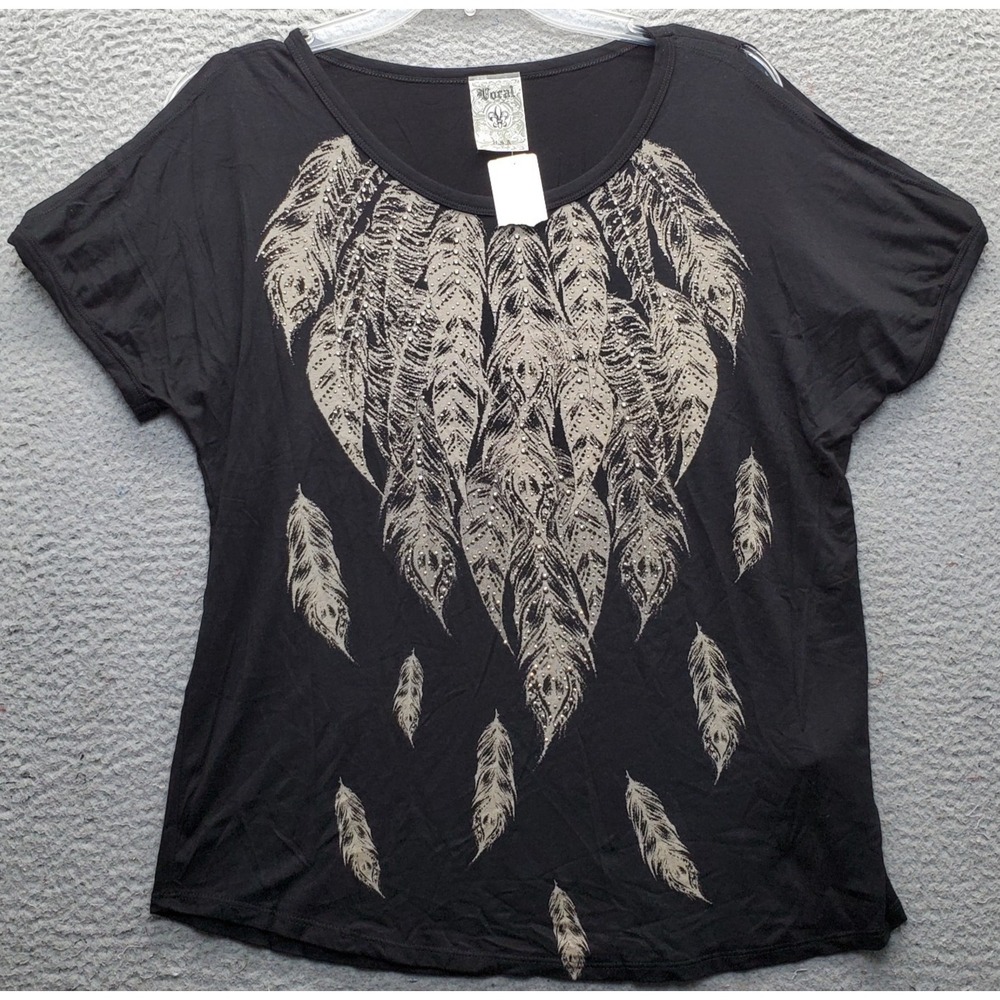 Vocal Blouse Top Womens M Black Feather Studded Stretch Cold Shoulder Sleeve